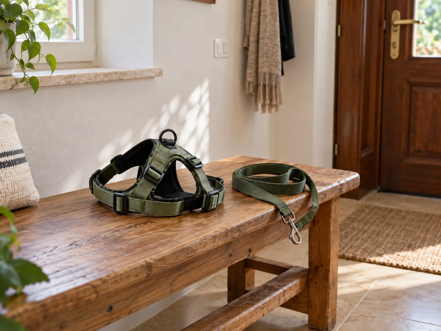 Pettorina e guinzaglio appoggiati su una panca di legno nell'ingresso di casa, accanto alla porta