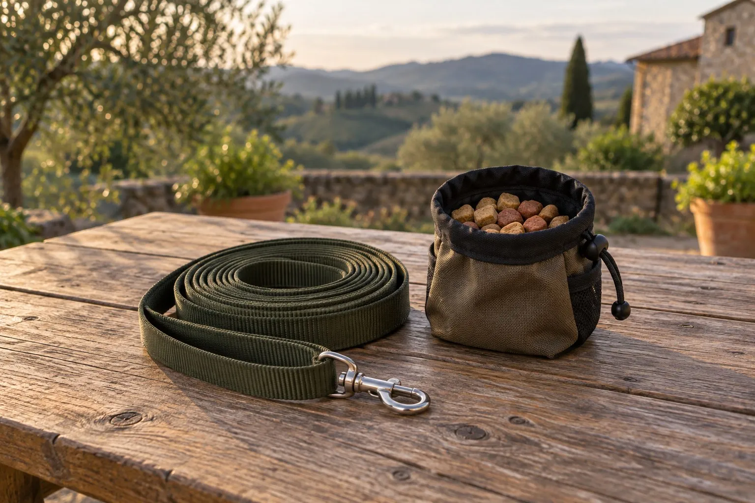 Guinzaglio lungo arrotolato e marsupio porta premi pieno di bocconcini su un tavolo di legno all'aperto