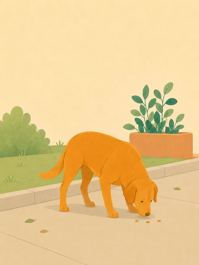Cane che raccoglie qualcosa da terra sul marciapiede
