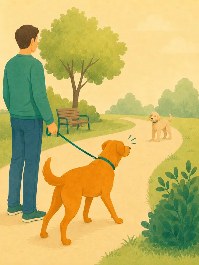 Cane al guinzaglio che nota un altro cane lungo il vialetto di un parco