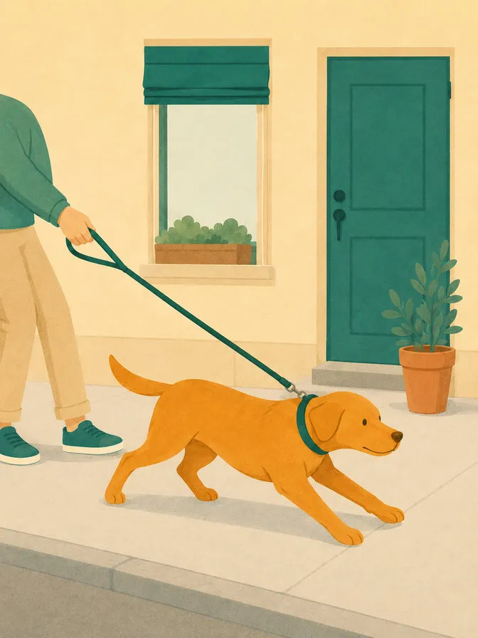 Cane che tira al guinzaglio durante una passeggiata sul marciapiede