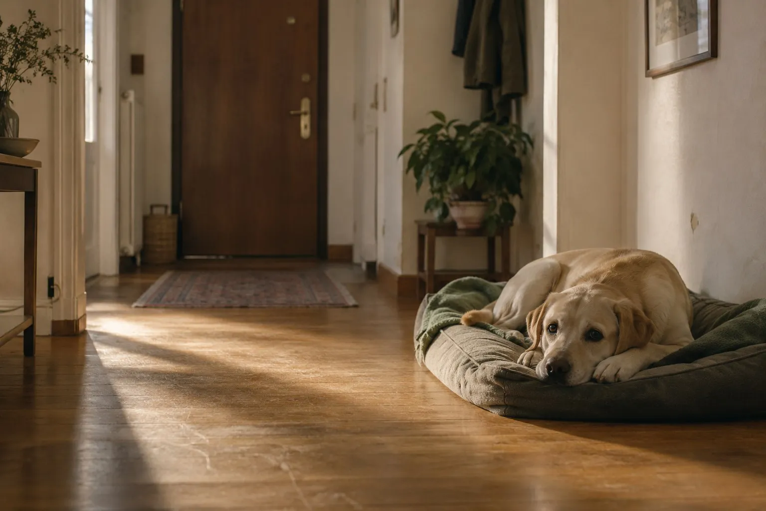 Labrador disteso tranquillo sulla sua cuccia nell'ingresso di casa, con la porta chiusa sullo sfondo
