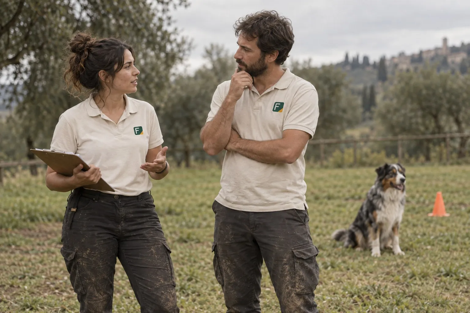 Due educatori cinofili Fidemy in un campo di addestramento, con un cane seduto tranquillo accanto a loro