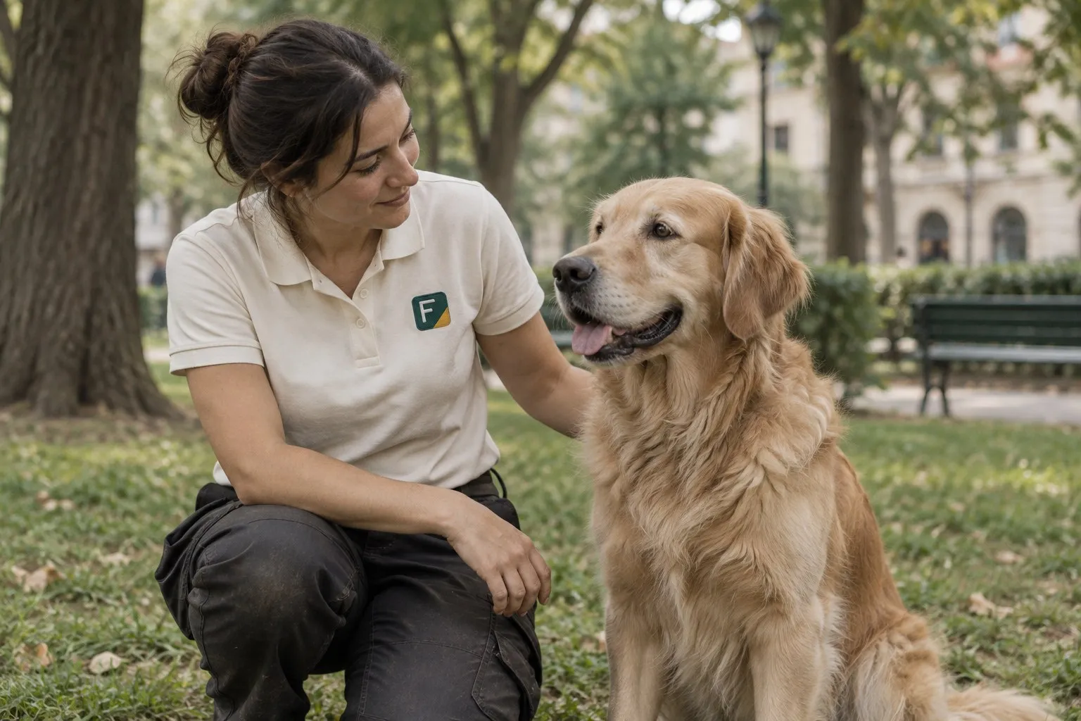 Educatrice cinofila Fidemy accovacciata accanto a un Golden Retriever seduto in un parco