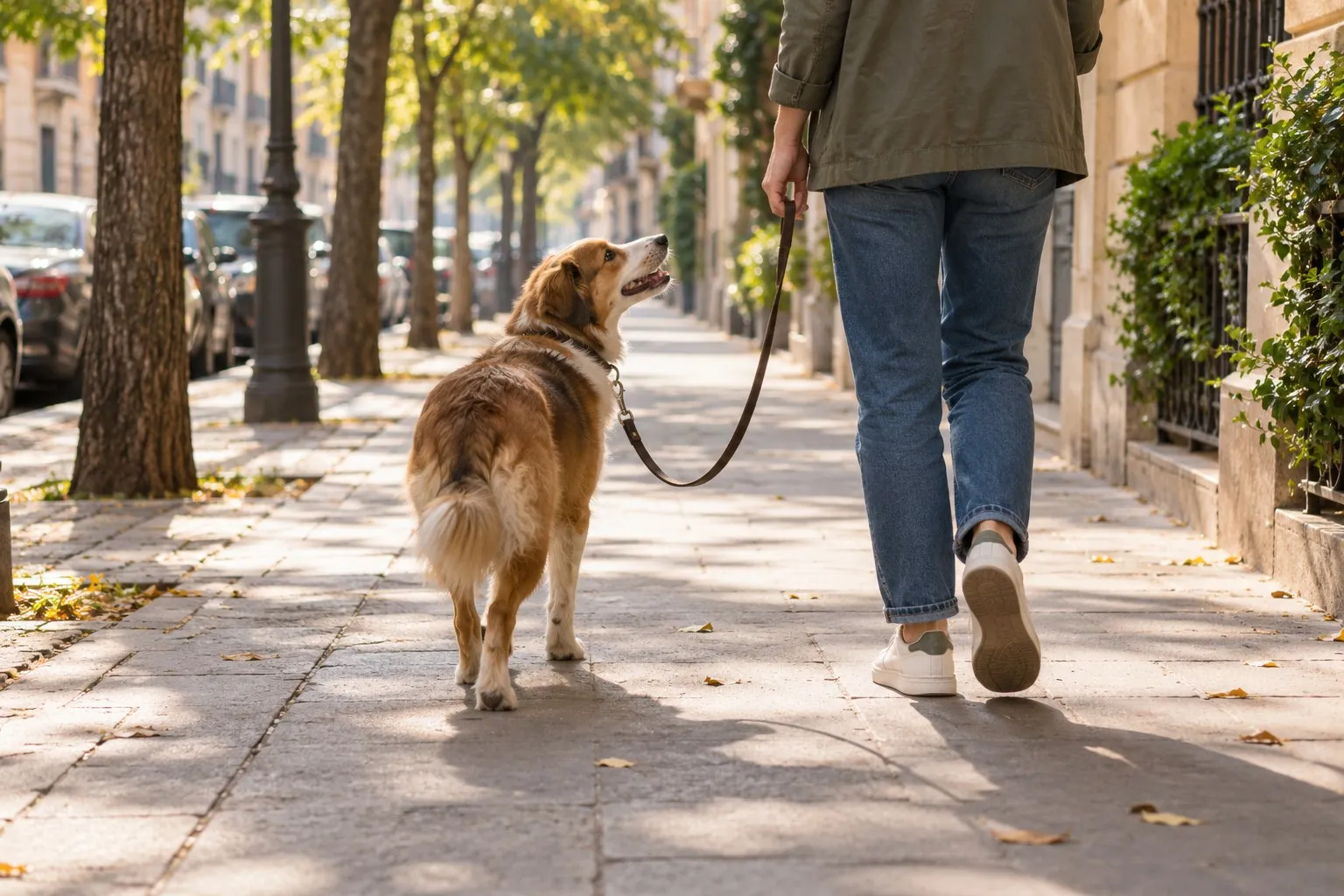 Cane meticcio che cammina accanto alla persona su un marciapiede alberato, con il guinzaglio morbido, e alza lo sguardo verso di lei