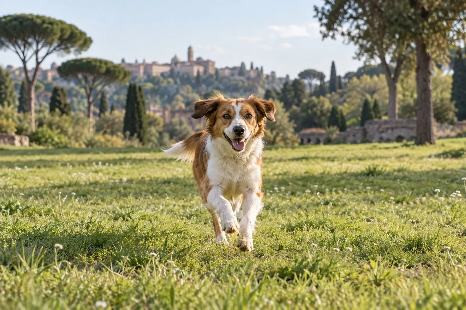 Cane dal pelo bianco e fulvo che corre verso chi lo ha chiamato su un prato, con alberi e un borgo sullo sfondo