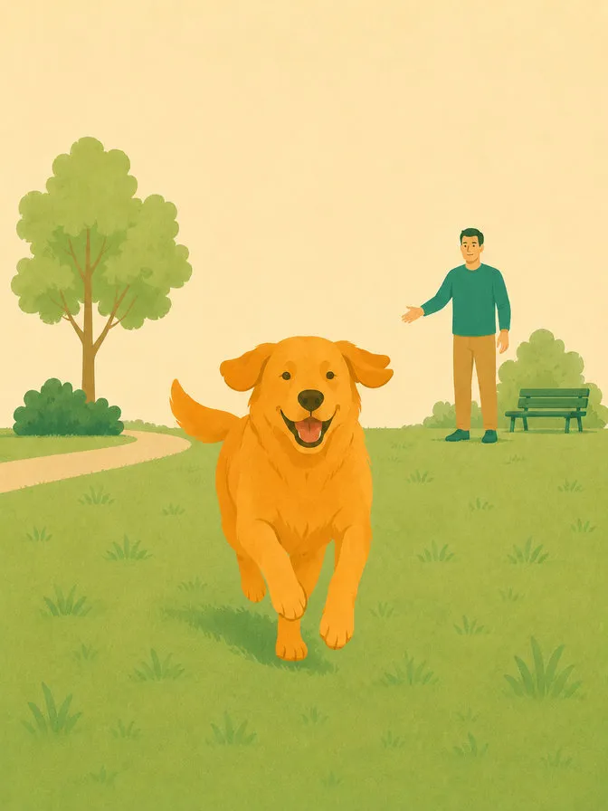 Cane che corre verso il proprietario in un parco