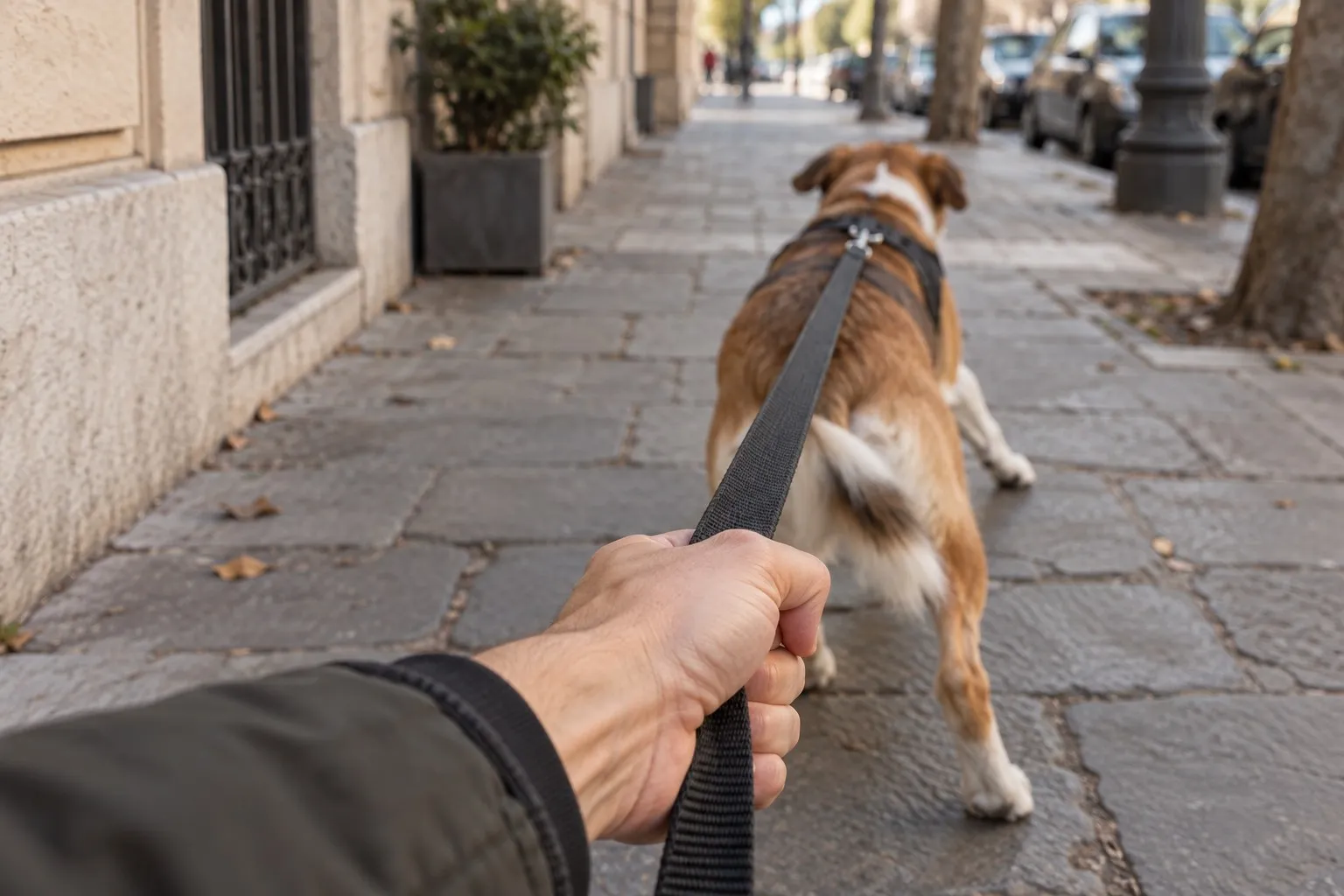Mano che trattiene un guinzaglio teso mentre il cane tira in avanti lungo un marciapiede di pietra